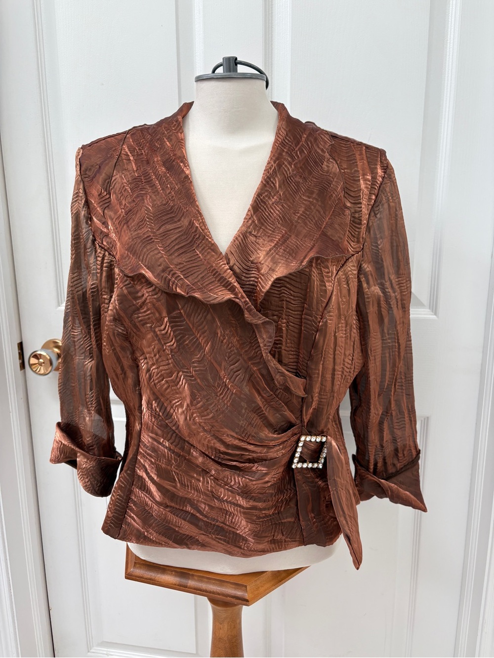 Oblique Copper Brown Textured Wrap Blouse with Jewel Buckle